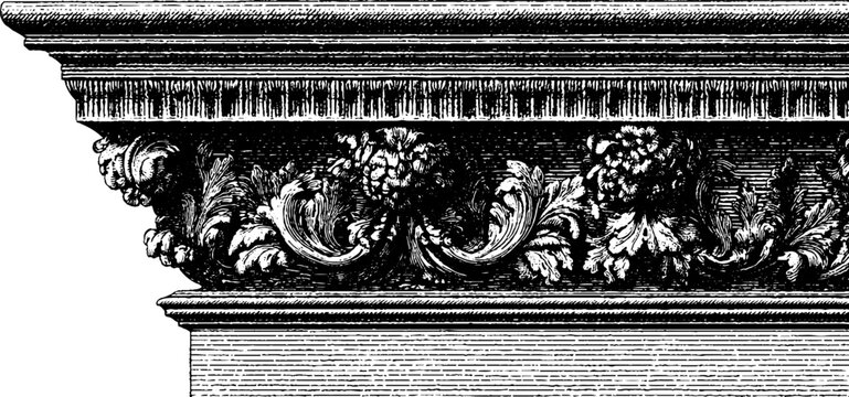 Detailed engraving of classic architectural facade with ornate dentil cornice for historical design projects