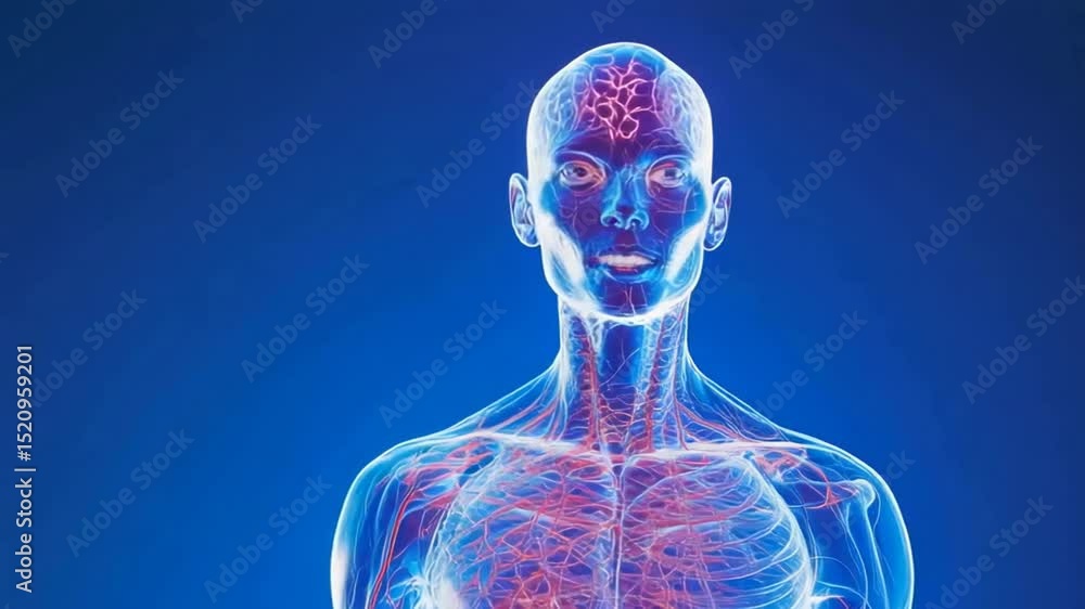 Aufkleber the image depicts a digital representation of a human skeleton and nervous system illuminated in glo
