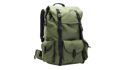 Olive green rucksack with pockets and straps on a transparent background, PNG image, PNG file.