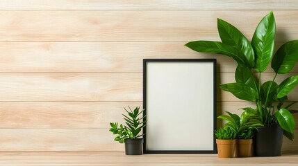 A minimalist office space with a wooden backdrop and potted plants  long title A tranquil and