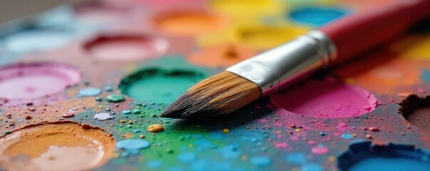 Fototapeta premium A close-up shot of a paintbrush resting on a vibrant, colorful palette, ready for artistic creation The bristles are slightly splayed, suggesting recent use , expression, hue, paintbrush