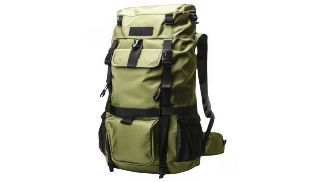 Olive green camping backpack with multiple straps and pockets on a transparent background, PNG image, PNG file.