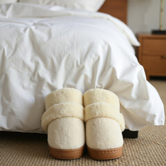 Obraz premium Cozy slippers with warmth placed beside a bed in a comfortable bedroom setting