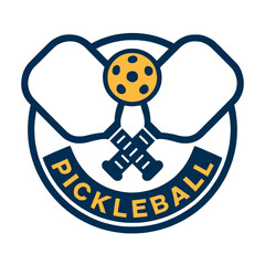 Modern Pickleball Logo with Paddles and Ball, Clean and bold pickleball emblem featuring crossed paddles and ball with navy and gold accents for clubs, events, or apparel.


