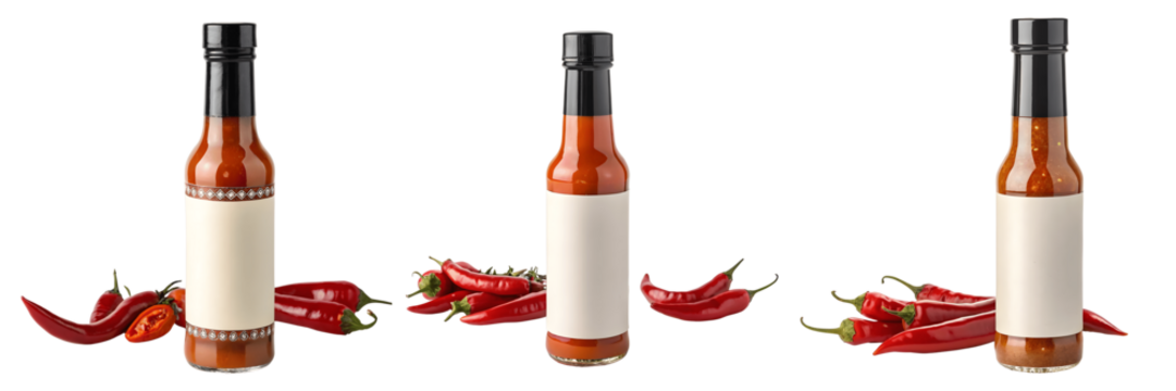 Hot sauce bottles with blank labels and red chili peppers isolated on white