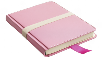 Closed pink notebook with elastic band and ribbon bookmark on a transparent background, PNG image, PNG file.