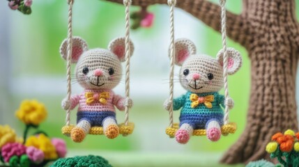 Classroom with two adorable crochet mice wearing school uniforms swinging on miniature swings at a park on white background