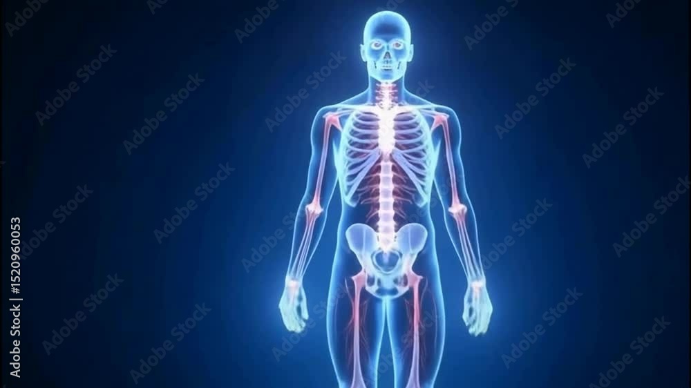Poster the image depicts a digital representation of a human skeleton and nervous system illuminated in glo