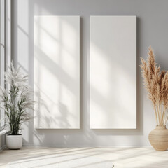 Double blank canvas on wall in modern grey room, perfect for home decor mockup with minimalist and neutral interior style.
