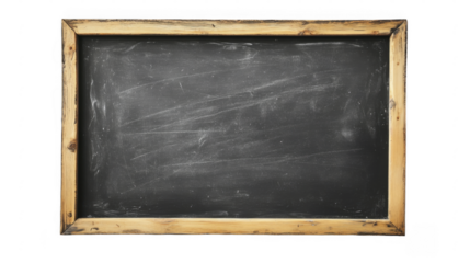 A slightly worn chalkboard with a light wood frame on a transparent background, PNG image, PNG file.