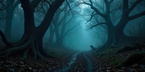 A dark and ominous forest path, shrouded in mist, with gnarled trees and fallen branches creating a sense of impending doom The atmosphere is thick with mystery and danger , wilderness, desolate
