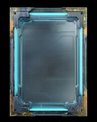 Futuristic digital frame with glowing blue and gold neon borders on dark background. Sci-fi interface panel design with illuminated edges and metallic texture elements