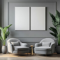 Double blank canvas on wall in modern grey room, perfect for home decor mockup with minimalist and neutral interior style.
