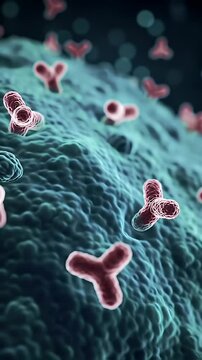 Antibodies Attack on Cell Surface Teal Background Medical Animation of Viral Immunity System