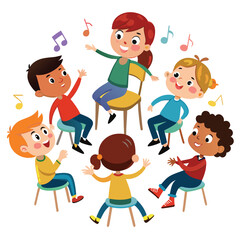 Animated Children Play Musical Chairs Game with Notes on a White Background