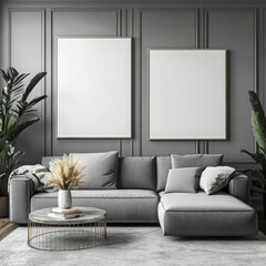 Double blank canvas on wall in modern grey room, perfect for home decor mockup with minimalist and neutral interior style.
