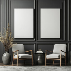 Double blank canvas on wall in modern grey room, perfect for home decor mockup with minimalist and neutral interior style.
