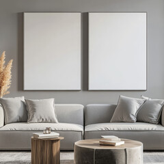 Double blank canvas on wall in modern grey room, perfect for home decor mockup with minimalist and neutral interior style.
