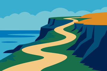 Nature's beauty unfolds with a river leading to the vast blue ocean, framed by majestic mountains and a sunny sky