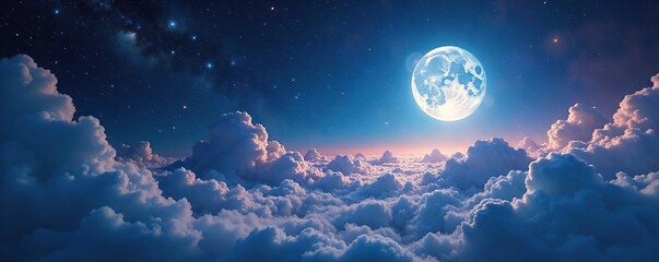 Obraz premium Ethereal celestial landscape bathed in soft moonlight, a universe of shimmering stars and nebulous clouds Perfect for fantasy, science fiction, or dreamscape themes , moonlight glow, night sky