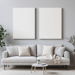 Double blank canvas on wall in modern grey room, perfect for home decor mockup with minimalist and neutral interior style.
