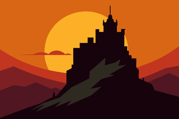 Obraz premium Old European castle silhouette in mountains at sunset
