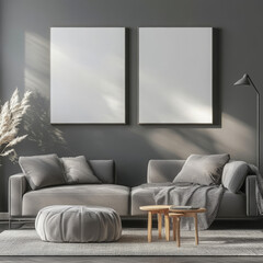 Double blank canvas on wall in modern grey room, perfect for home decor mockup with minimalist and neutral interior style.
