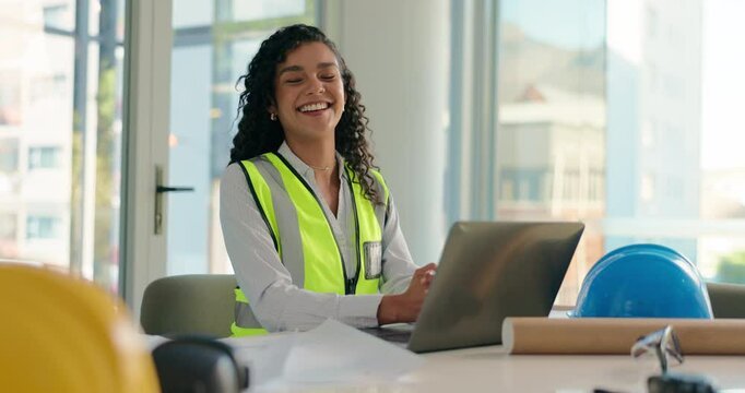 Woman, laptop and contractor for blueprint with face for planning, architecture and building specs. Construction, renovation or maintenance with online for design or portrait smile for engineering