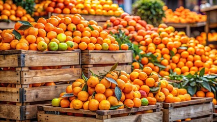 A vibrant display of freshly picked tangerines and oranges piled high on a wooden market stall, with some fallen fruits scattered around the base , fresh produce, tangerines