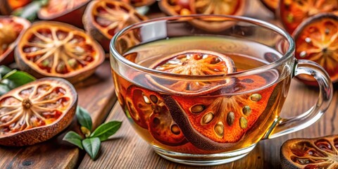 A close-up shot of a dried Bael fruit tea steeped in hot water