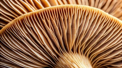 Closeup of portabella mushroom gills showing delicate fungal structure and earthy tones, nature, fungi,  nature