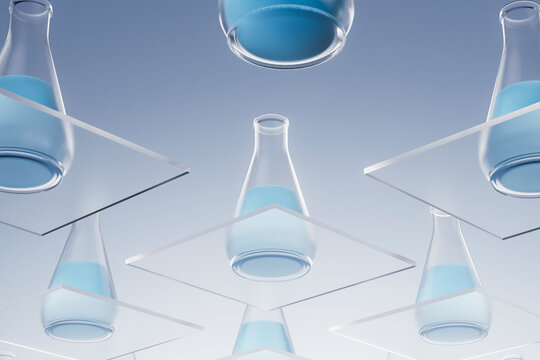 3D render of transparent flask above floating tiled glass layout