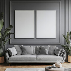 Double blank canvas on wall in modern grey room, perfect for home decor mockup with minimalist and neutral interior style.
