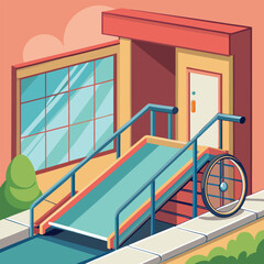 Building Entrance With Ramp, Wheelchair Visible, Providing Access for Enhanced Accessibility Solution