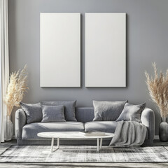 Double blank canvas on wall in modern grey room, perfect for home decor mockup with minimalist and neutral interior style.
