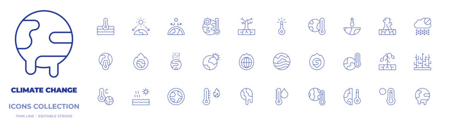 Climate change icons collection. Thin Line icons, editable stroke. high temperature, desertification, water crisis, global warming, water temperature, dry, sun