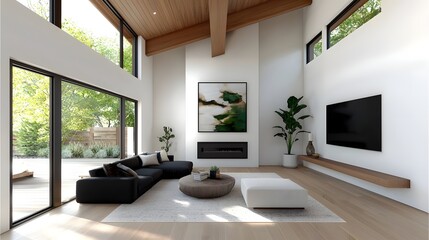 A refined farmhouse inspired living room exuding rustic elegance