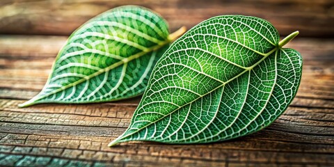 Delicate chaya leaves with intricate veins and a soft green color, shown on a wooden surface in a natural setting, close-up