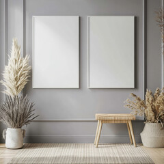 Double blank canvas on wall in modern grey room, perfect for home decor mockup with minimalist and neutral interior style.
