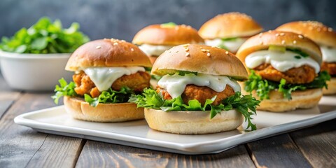 Delicious Spicy Chicken Sliders with Creamy Dipping Sauce and Fresh Greens, served on a plate