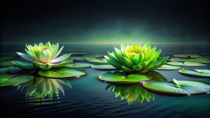serene green water lilies floating on dark murky blackwater , aquatic, green water lily,  aquatic,green water lily