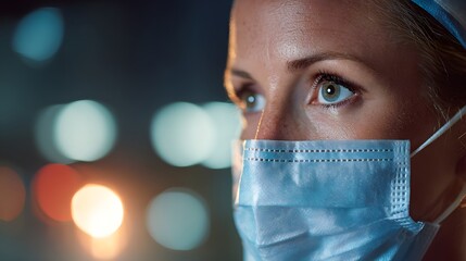 A focused medical professional in surgical mask, eyes intense with determination -- dedication in healthcare.