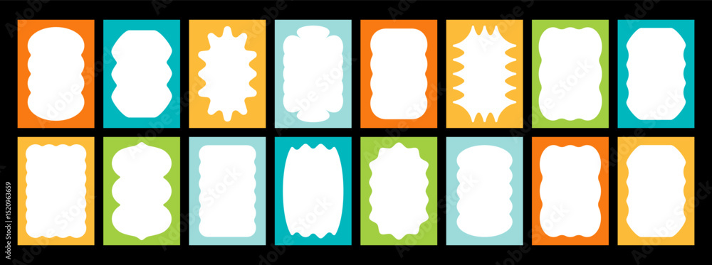 Poster wavy frame borders. scallop shape line picture frames. vector colorful wave rectangle bg set. kid gr