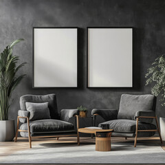 Double blank canvas on wall in modern grey room, perfect for home decor mockup with minimalist and neutral interior style.
