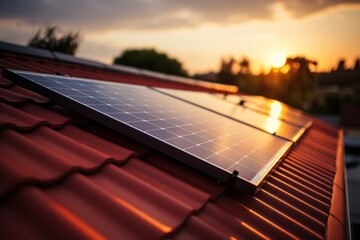 Harnessing solar energy rooftop solar panels residential area photography evening glow elevated perspective