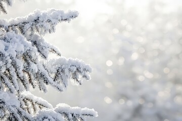 Fototapeta premium Snowy winter scene, branches of a snow-covered fir tree against a bokeh background. Ideal for Christmas, winter, and holiday designs. Perfect for cards, websites, and advertising.