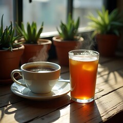 Coffee and Iced Drink on Wooden Table with Indoor Plants