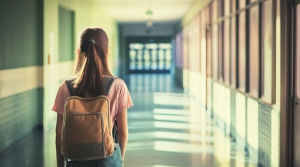 Elementary school student walking down a bright school hallway, heading back to class after enjoying recess, carrying a backpack and embracing the joy of learning