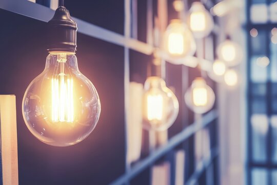 Warm, glowing vintage lightbulbs on a bookshelf. Perfect for home decor, interior design, and ideas.  Ideal for websites, blogs, and social media.
