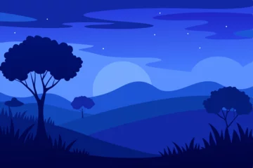 Fototapete Rund Night landscape with mountains, trees, and a luminous moon under a starry sky © AK